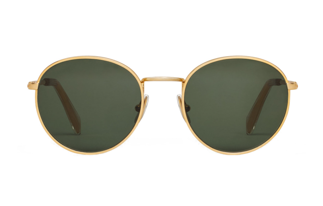 Lookbook CELINE Cermin Mata Berbingkai Besi Bulat Emas dengan Logo di Bahagian Tepi. CONF-4S100CMEB-35SG