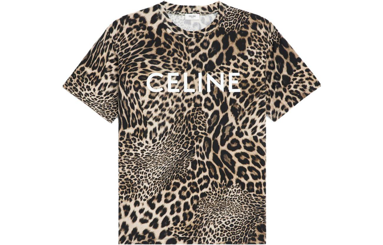 Order CELINE Kaos Coklat Motif Leopard Leher Bulat Gaya Kasual. 2X681311W-19LW