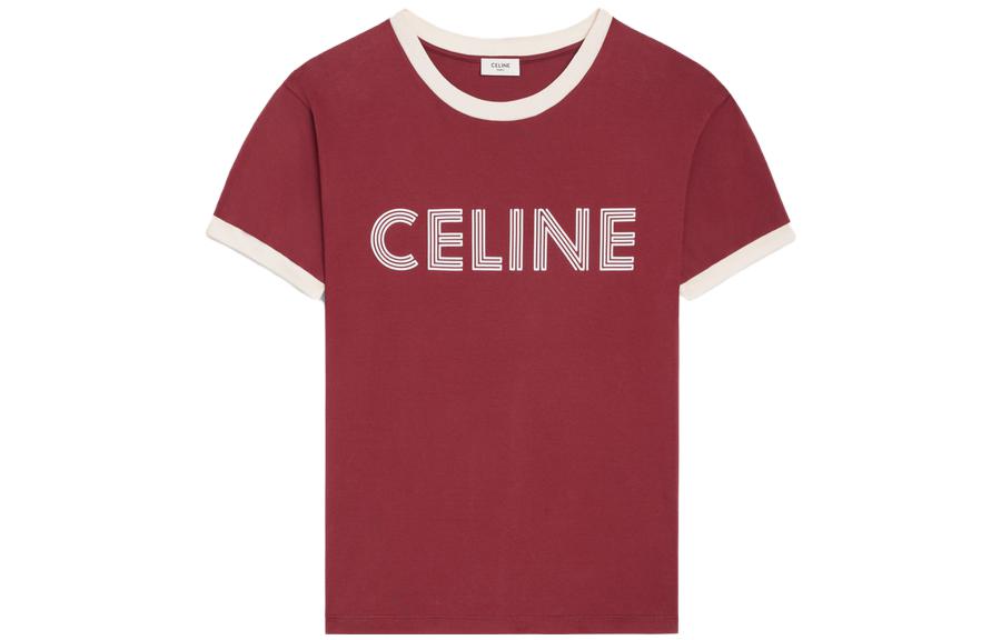 CELINE  Letter Print Crewneck T-Shirt Wine Red. 2X49I671Q-28RF