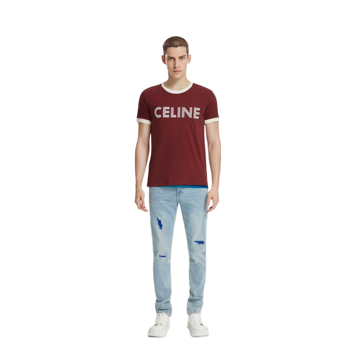 Shop CELINE 字母印花酒红色圆领T恤。 2X49I671Q-28RF