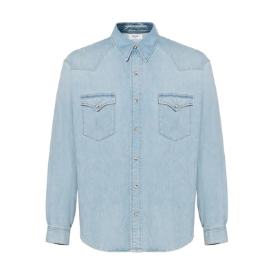 CELINE Light Blue Solid Color Long Sleeve Button-Up Shirt. 2T303361U08YK