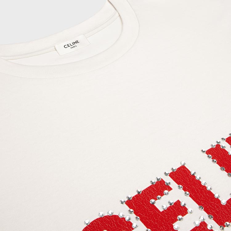 Purchase CELINE Baju T-Shirt Logo Cetak Leher Bulat Lengan Pendek - Putih 2X15M671Q-01OR