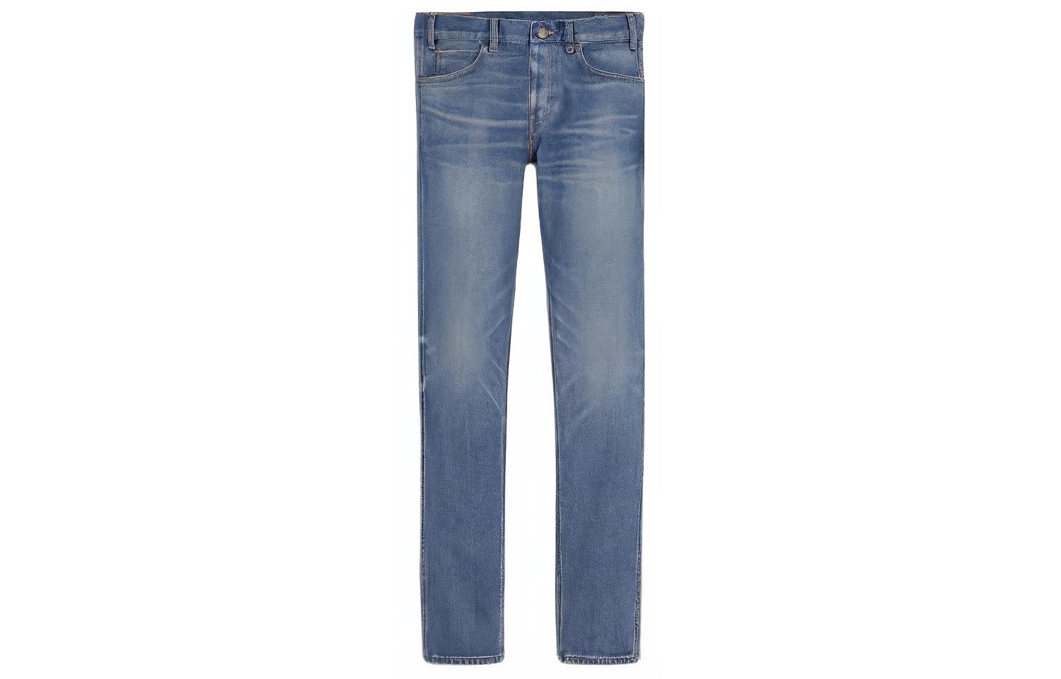 CELINE  Low-Rise Slim-Fit Washed Blue Jeans with Side Zipper Pockets. 2N120640E-07UW