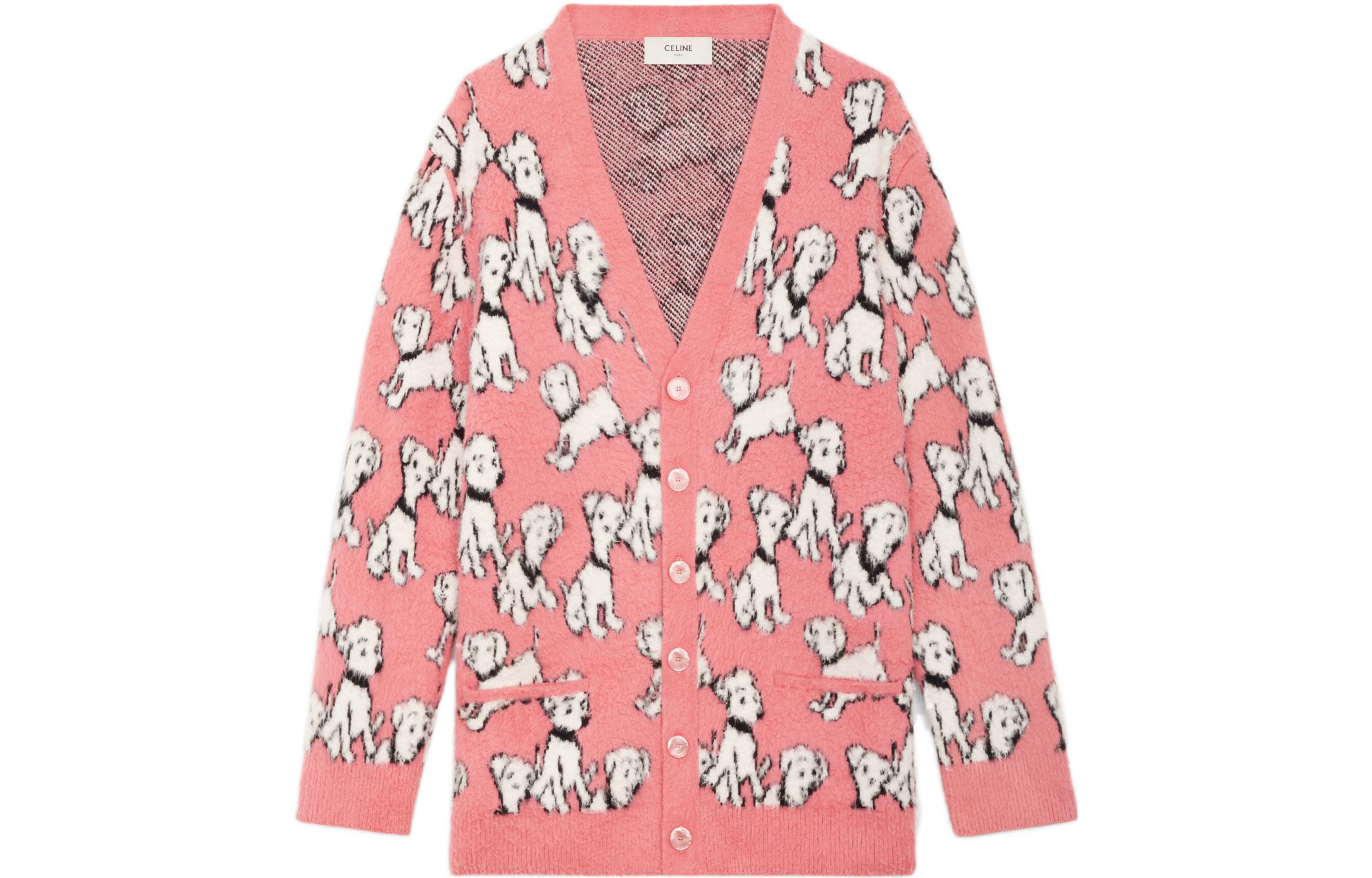 CELINE  Pink Dog Jacquard Wool Knit Short Sleeve Sweater. 2A94W531Q-24BP