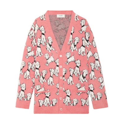 CELINE Pink Dog Jacquard Wool Knit Short Sleeve Sweater. 2A94W531Q-24BP