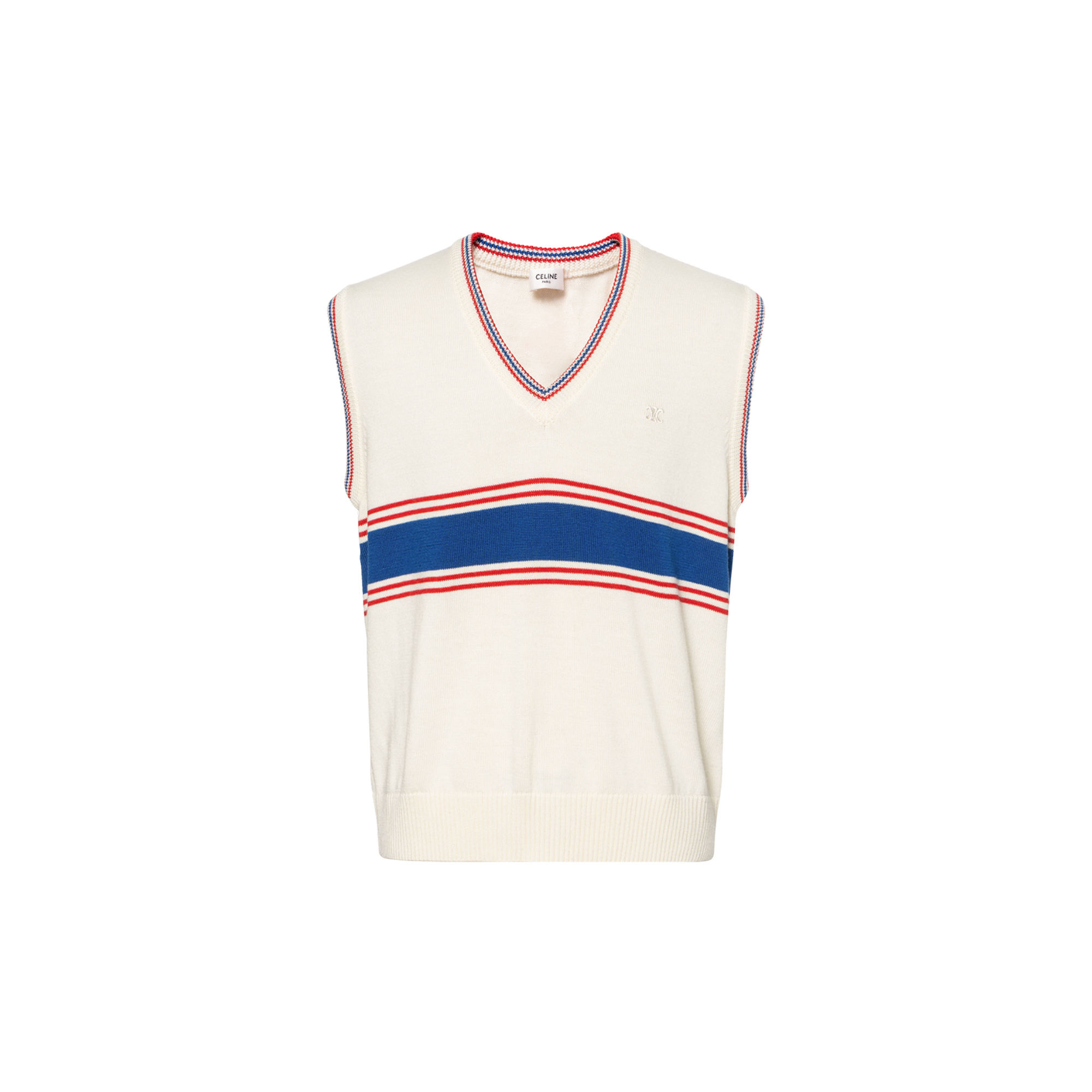 CELINE  V-Neck Striped Wool Sweater Vest - Beige. 2ADCJ366Y-12TZ