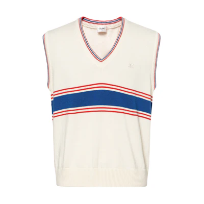 CELINE V-Neck Striped Wool Sweater Vest - Beige. 2ADCJ366Y-12TZ