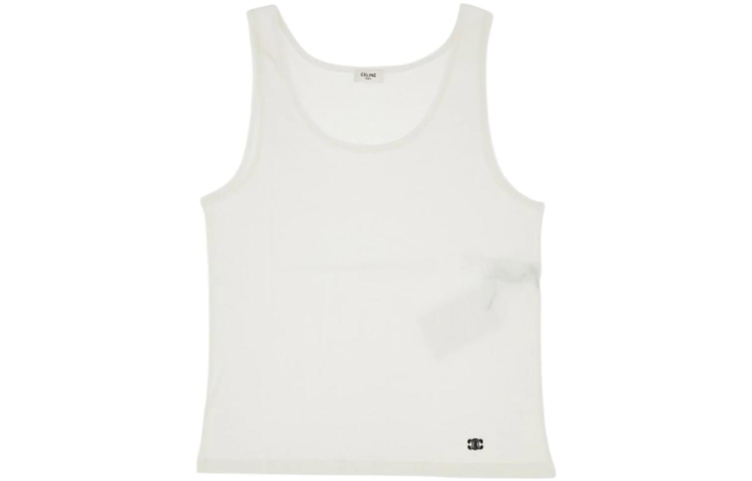 CELINE  White Sleeveless T-Shirt with Solid Embroidery Design. 2X365322T-01OB