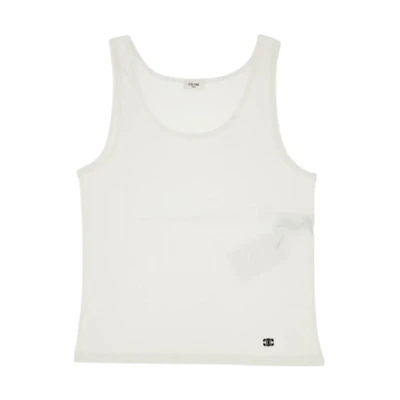 CELINE White Sleeveless T-Shirt with Solid Embroidery Design. 2X365322T-01OB