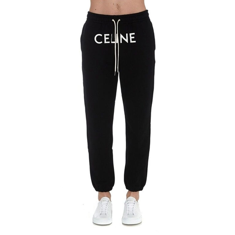 Shop CELINE 字母印花運動針織長褲 黑色 2Z056052H-38AW