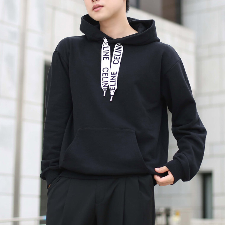 Shop CELINE Black Drawstring Fleece Loose Fit Hoodie Long Sleeve Sweatshirt 2Y468052H-38NO