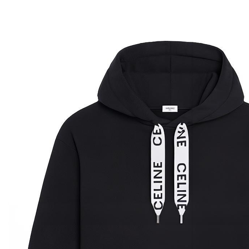 Sizing CELINE Black Drawstring Fleece Loose Fit Hoodie Long Sleeve Sweatshirt 2Y468052H-38NO