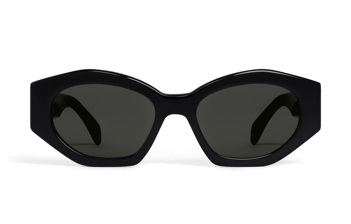 Lookbook CELINE 黑色不規則醋酸男女墨鏡，帶有品牌標誌細節。 4S238CPLB