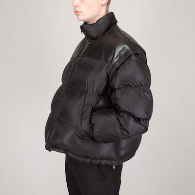 CELINE Black Letter Print Zip-Up Puffer Jacket with High Collar. 2W429092L-38NO Details for CELINE Black Letter Print Zip-Up Puffer Jacket with High Collar. 2W429092L-38NO