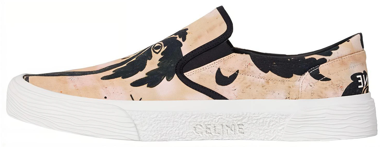 celine-canvas-print-slip-on-sneakers-beige-black-346932235-c-02-bl
