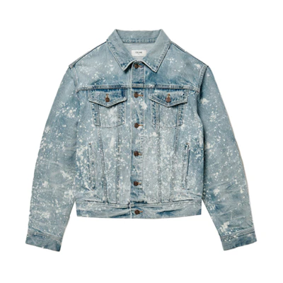 CELINE Distressed Paint-Splatter Denim Jacket Blue Long-Sleeve 2Q297975O-08PA