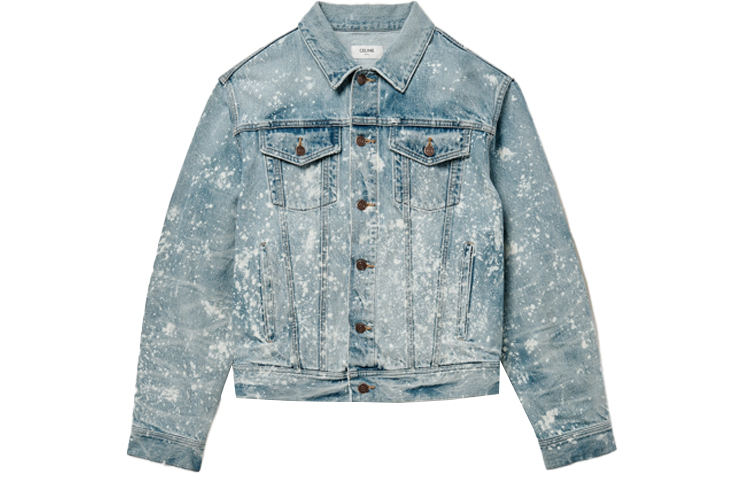 Order CELINE Jaket Denim Biru Lengan Panjang Distressed Paint-Splatter. 2Q297975O-08PA