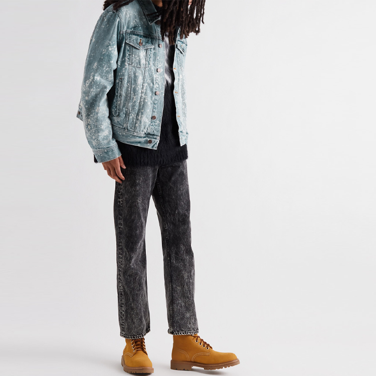 Shop CELINE Jaket Denim Biru Lengan Panjang Distressed Paint-Splatter. 2Q297975O-08PA