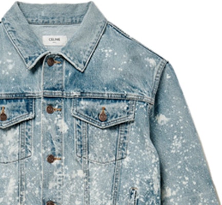 CELINE Distressed Paint-Splatter Denim Jacket Blue Long-Sleeve 2Q297975O-08PA Details for CELINE Distressed Paint-Splatter Denim Jacket Blue Long-Sleeve 2Q297975O-08PA