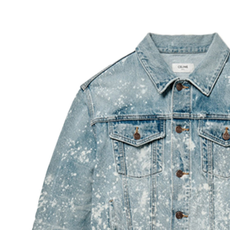 Sizing CELINE Jaket Denim Biru Lengan Panjang Distressed Paint-Splatter. 2Q297975O-08PA