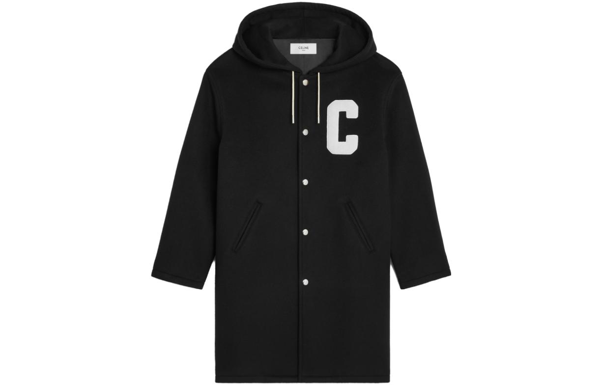 CELINE Double-Sided Wool Coat with Letter Patch Hoodie Black 2V73S553R.27NG
