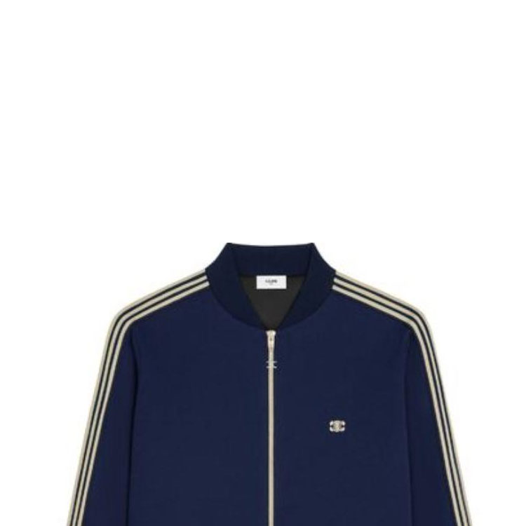 Shop Celine Jaket Zip-Up Unisex Bordir Logo Garis Biru 2Y05D121O-07VG