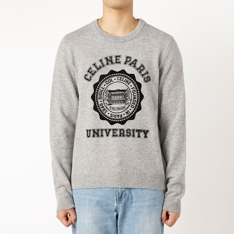Shop CELINE FW21 Sweter Rajut Abu-Abu dengan Pola Huruf Lengan Panjang. 2A04H849K-08EF