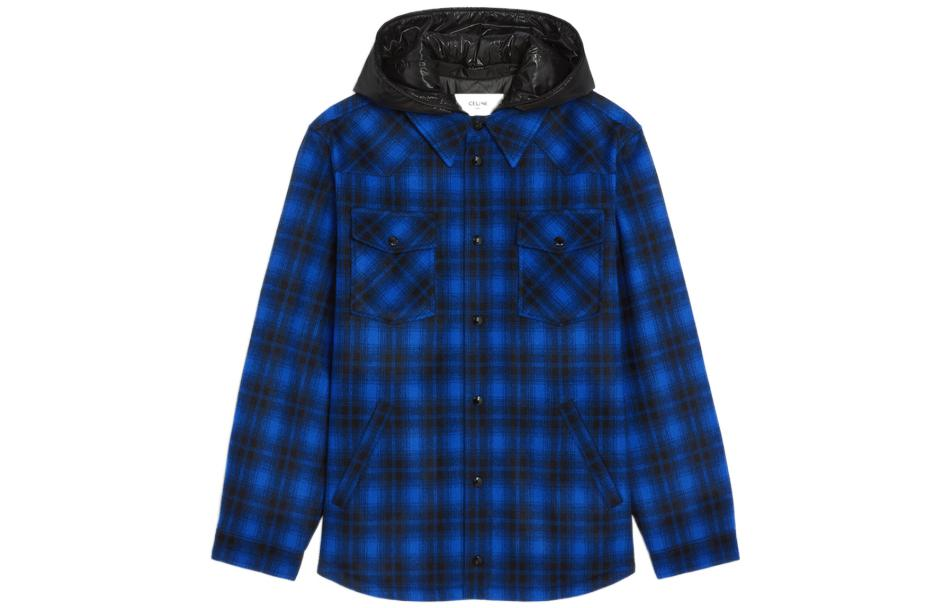CELINE FW22  Blue Plaid Hooded Button-Up Long-Sleeve Shirt. 2W410994R-07RK