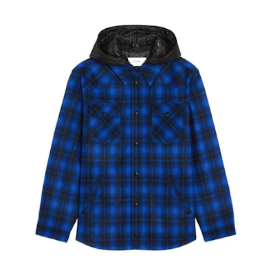CELINE FW22 Blue Plaid Hooded Button-Up Long-Sleeve Shirt. 2W410994R-07RK