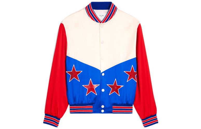 Order CELINE FW22  Geometric Print Colorblock Varsity Jacket White 2V35N851C-01EM