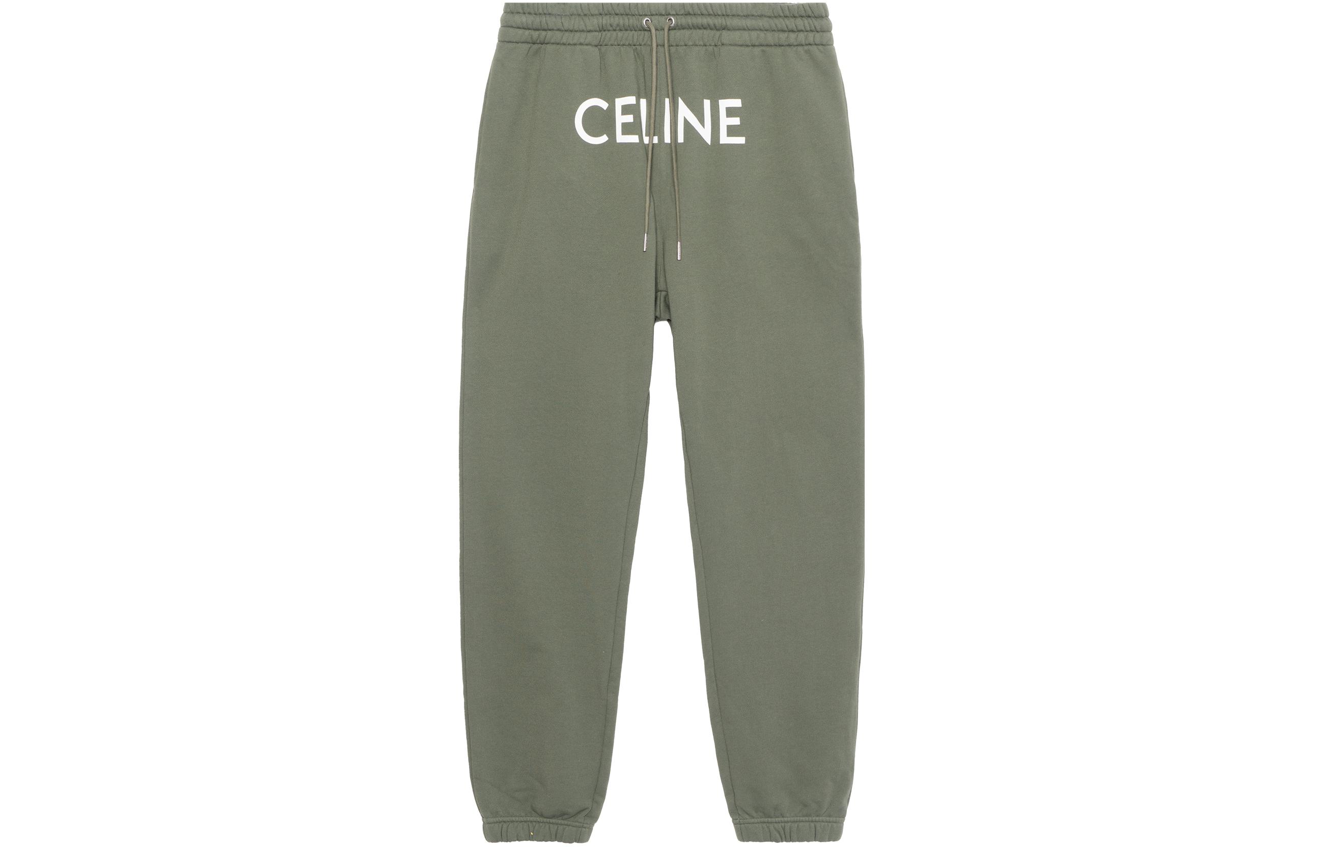 CELINE FW22  Green Logo Print Fleece Knit Joggers with Drawstring. 2Z056670Q-02KF