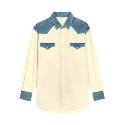 CELINE FW22 Washed Denim Color Block Long Sleeve Shirt. 2T227362M-07UO