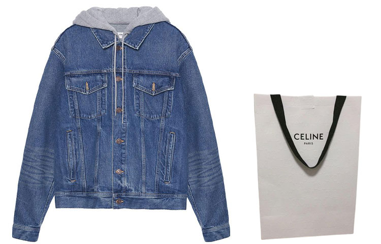 Shop CELINE FW22  Washed Denim Jacket with Logo Print and Hood. 2Q472930F-07UW
