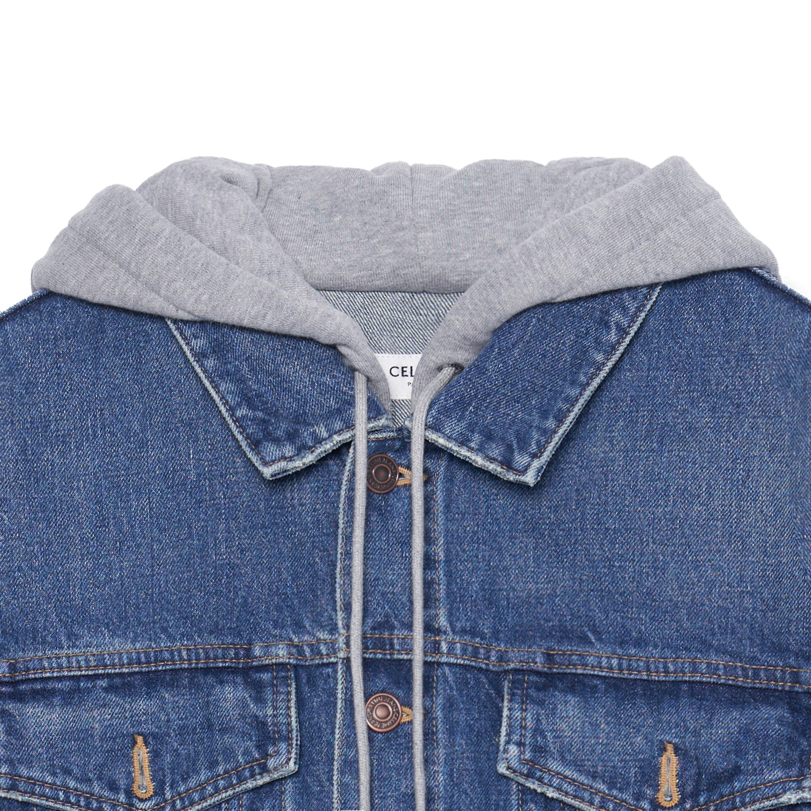 Cheap CELINE FW22  Washed Denim Jacket with Logo Print and Hood. 2Q472930F-07UW