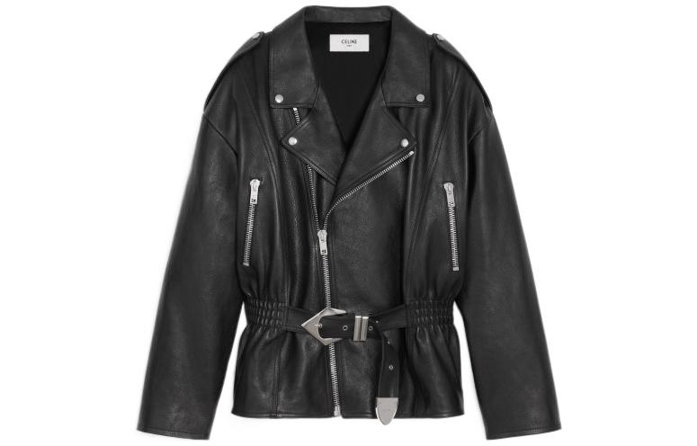 Celine FW22 Black Biker Jacket with White Horse Print and Belt for Men 2ED07055O-38NO