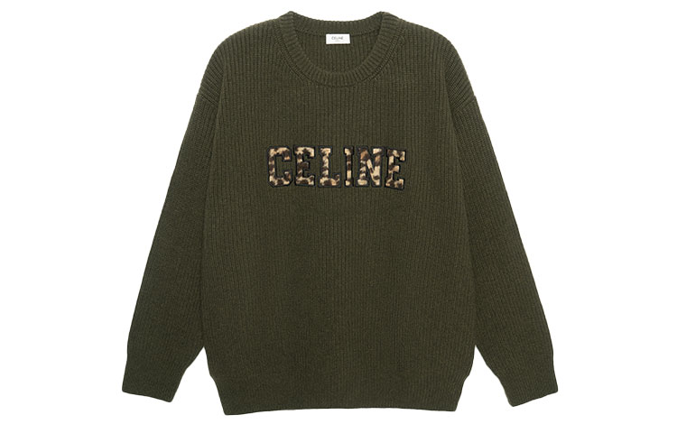 CELINE FW22 Boy Doll Logo Crewneck Wool Sweater Green Menswear. 2AB97650S-15KH
