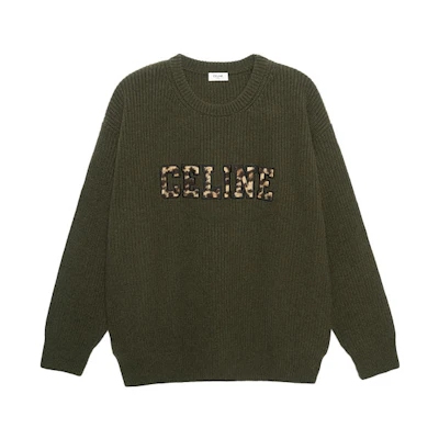 CELINE FW22 Boy Doll Logo Crewneck Wool Sweater Green Menswear. 2AB97650S-15KH