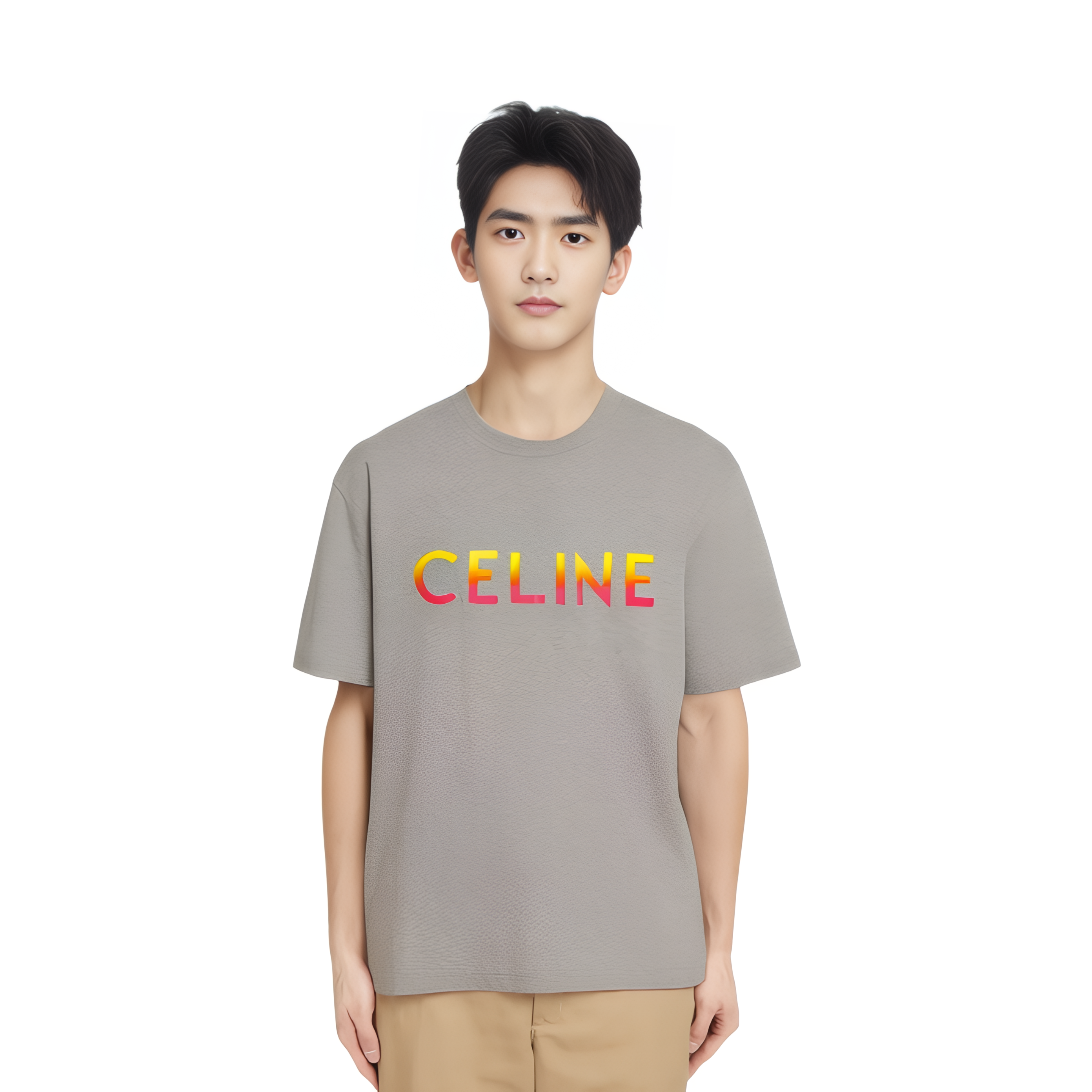 Shop CELINE FW22 Baju T-Shirt Logo Gradient Lelaki Grey Loose Fit 2X10B671Q-09ME