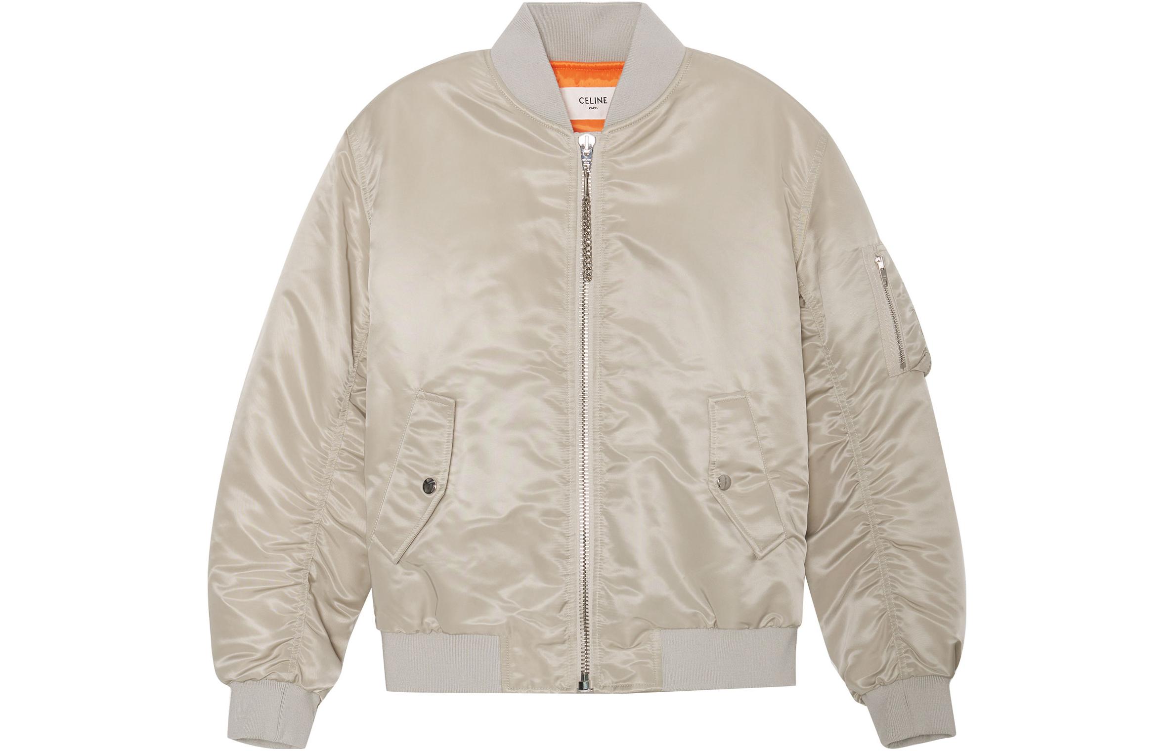 Celine FW22 Light Grey Letter Print Bomber Jacket with Zip and Baseball Collar 2W426889O-08GC