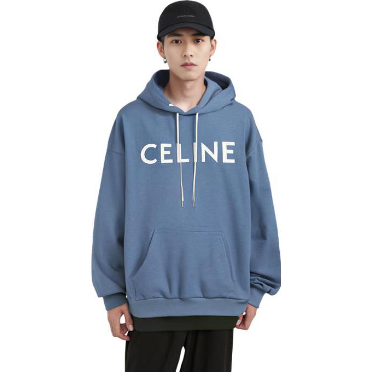 Shop CELINE FW22 Logo Print Cotton Drawstring Hoodie Unisex Couple Style Blue 2Y369670Q-07BW