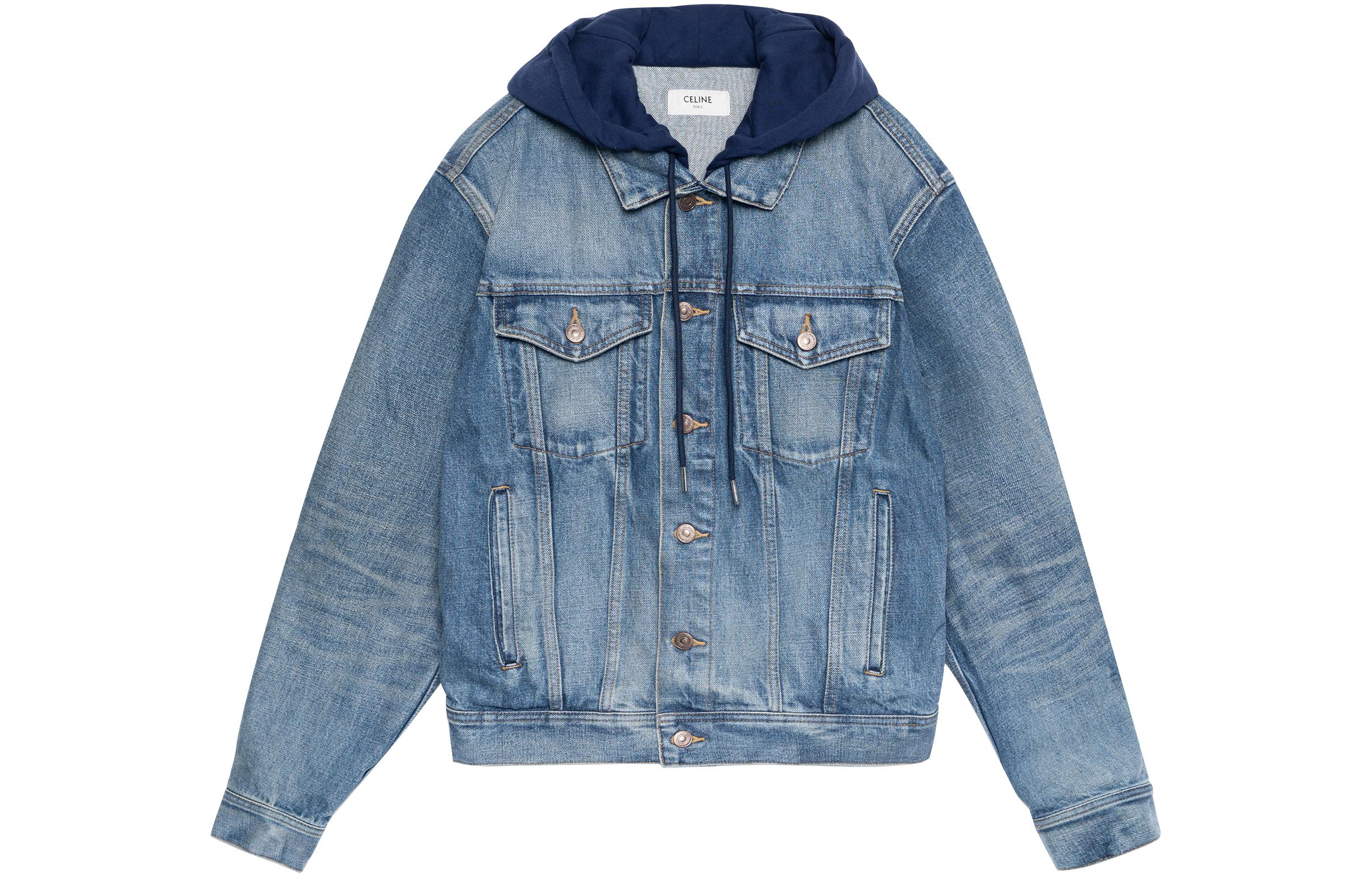 Order Jaket Denim CELINE FW22 Biru Pria dengan Letter Print dan Kancing Depan. 2Q550930F-07UW