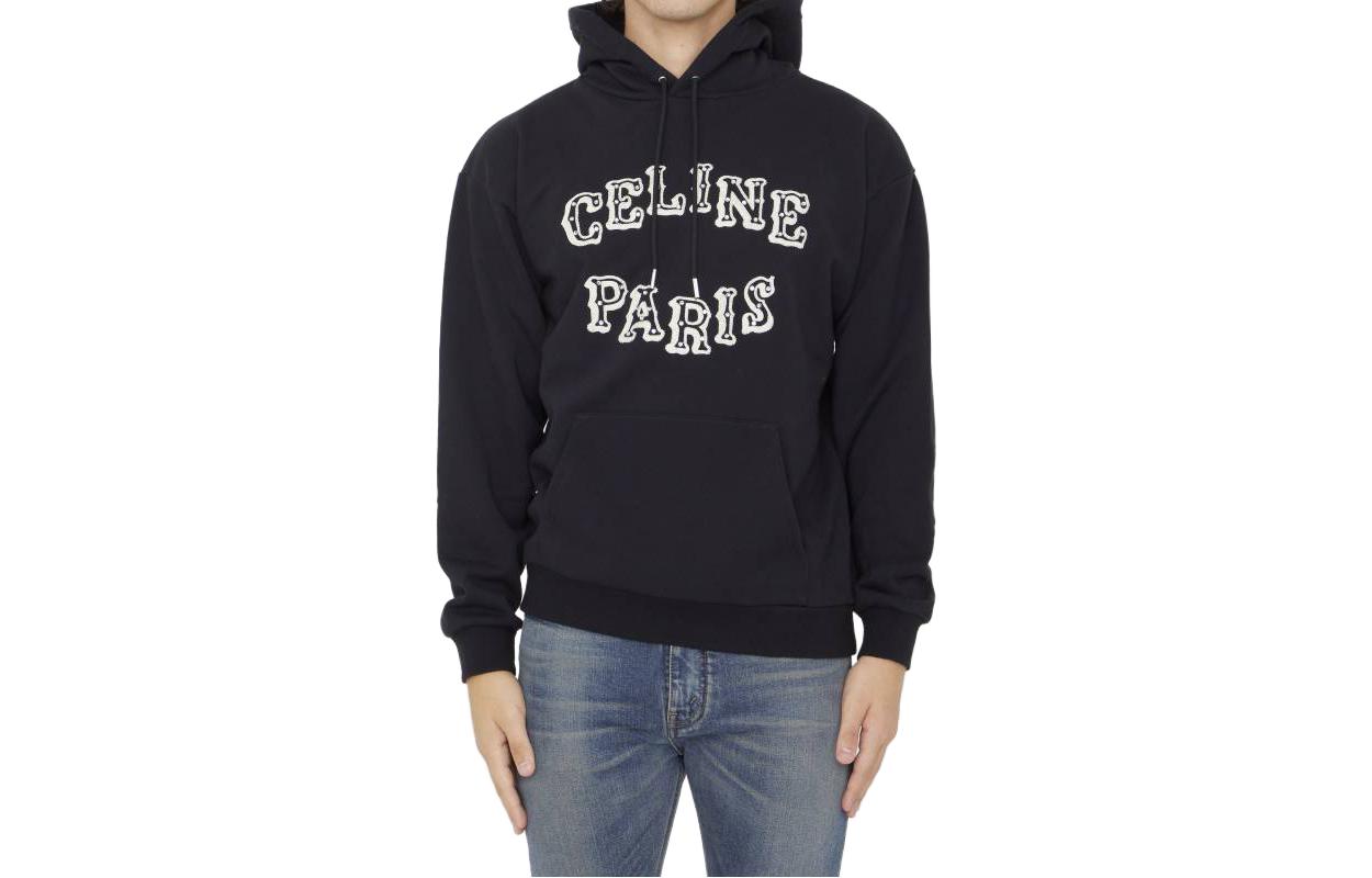 Shop CELINE FW23 黑色字母Logo印花連帽衫 帶抽繩設計 2Y03E670Q-38XC