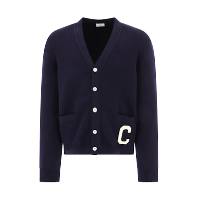 CELINE FW23 Deep Blue V-Neck Knit Cardigan Sweater with Letter Appliqué. 2AD9O8301-07MR