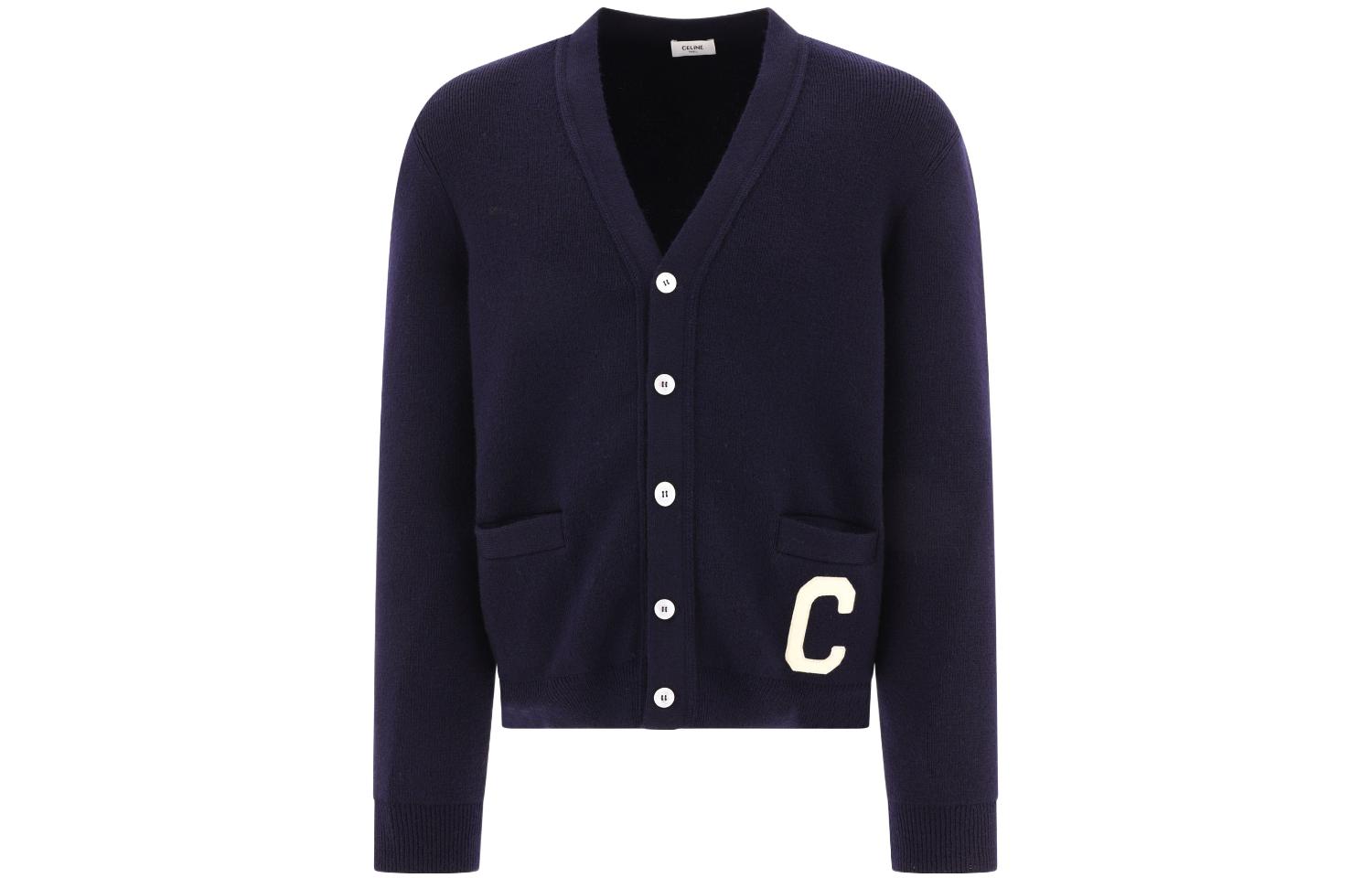 Order CELINE FW23  Deep Blue V-Neck Knit Cardigan Sweater with Letter Appliqué. 2AD9O8301-07MR