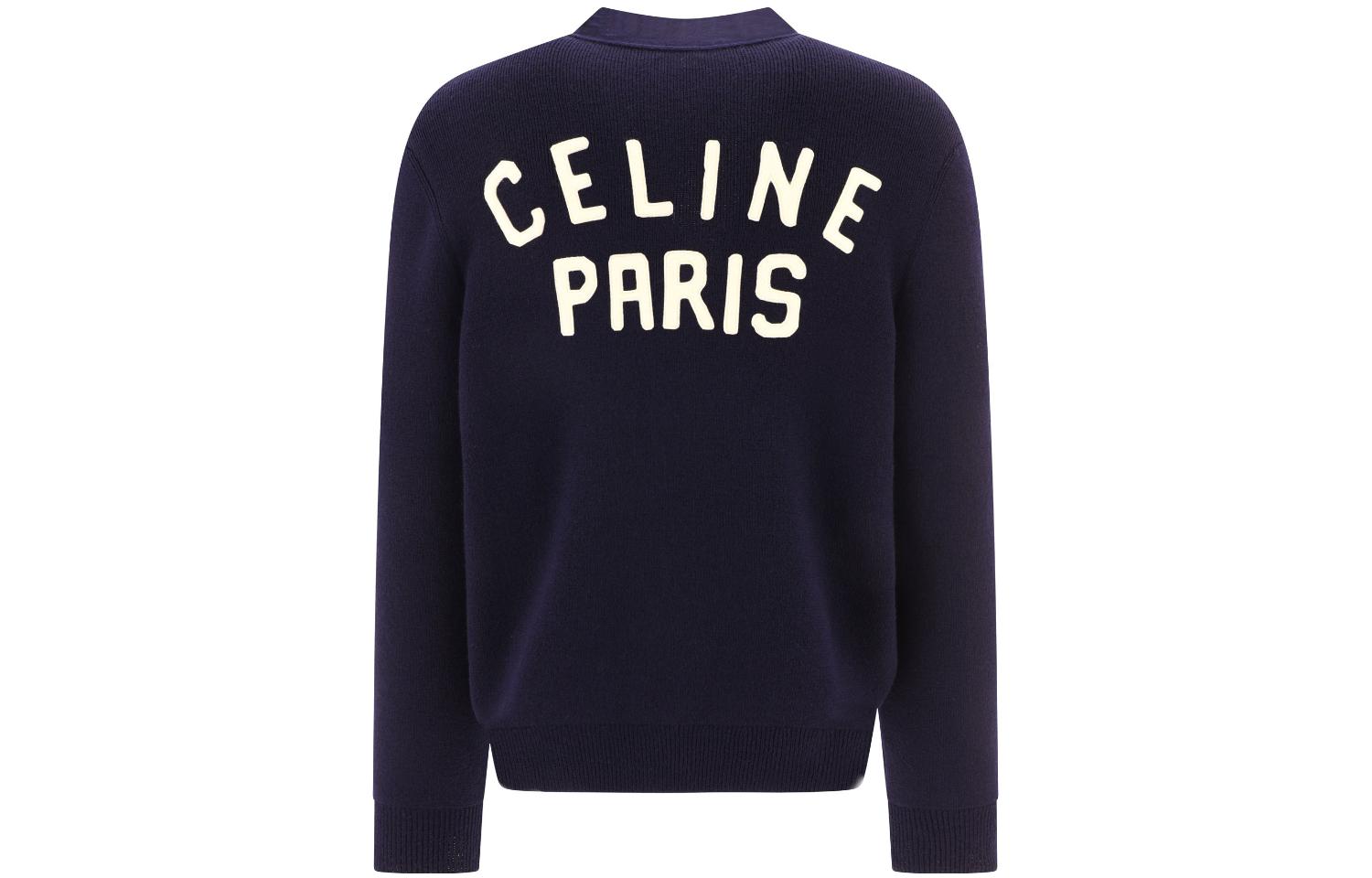 Lookbook CELINE FW23  Deep Blue V-Neck Knit Cardigan Sweater with Letter Appliqué. 2AD9O8301-07MR