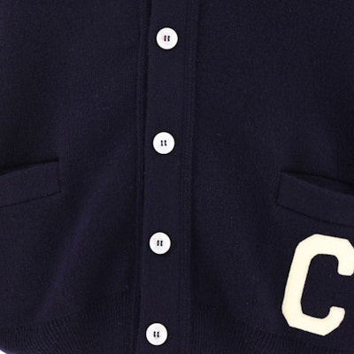 CELINE FW23 Deep Blue V-Neck Knit Cardigan Sweater with Letter Appliqué. 2AD9O8301-07MR Shop CELINE FW23 Deep Blue V-Neck Knit Cardigan Sweater with Letter Appliqué. 2AD9O8301-07MR