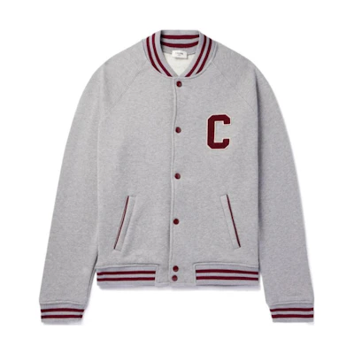 CELINE FW23 Grey Color-Block Stripe Logo Button-Up Varsity Jacket. 2Y16D345F-09XO