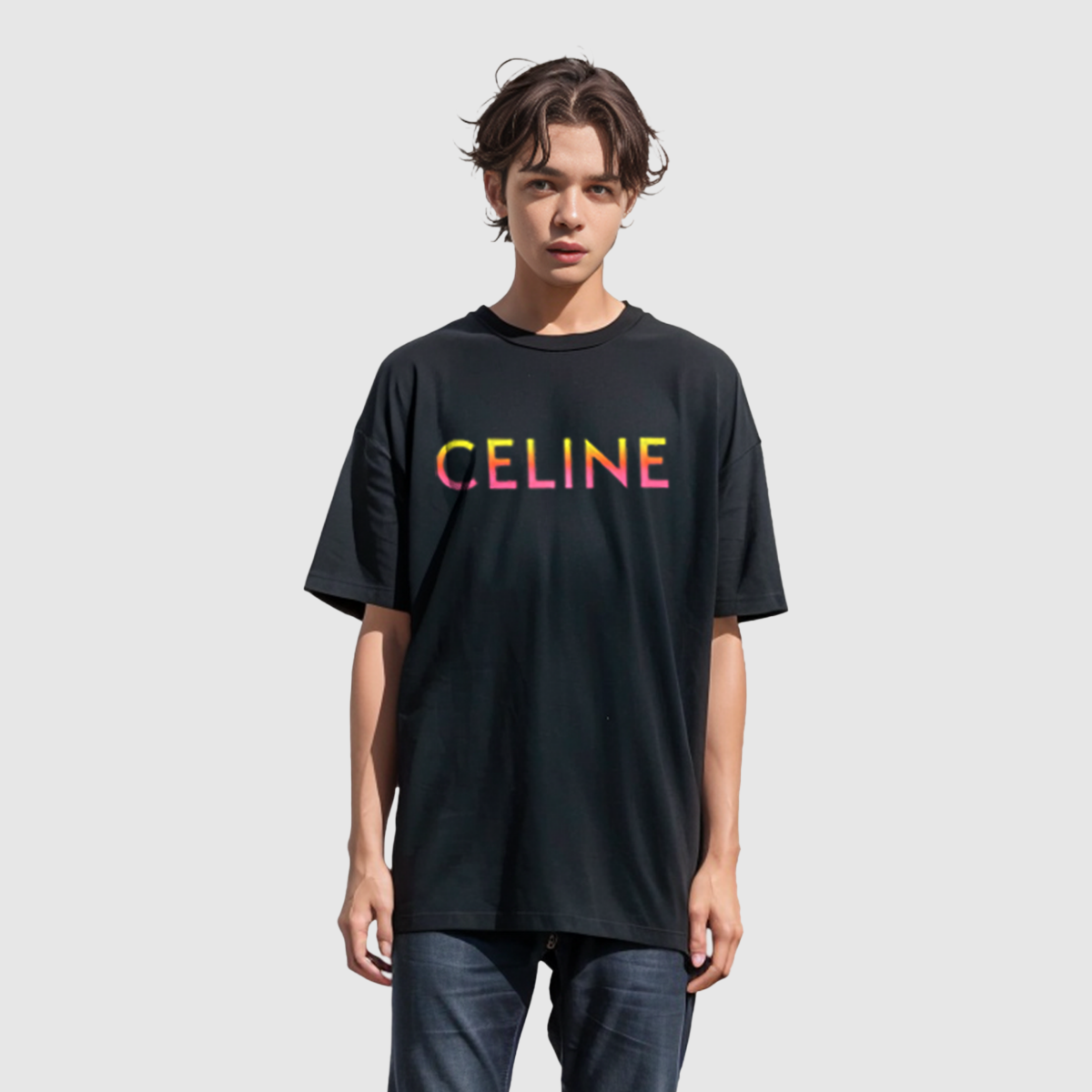 Shop CELINE Kaos Hitam Pria Logo Gradient Model Santai. 2X10B671Q-38NO