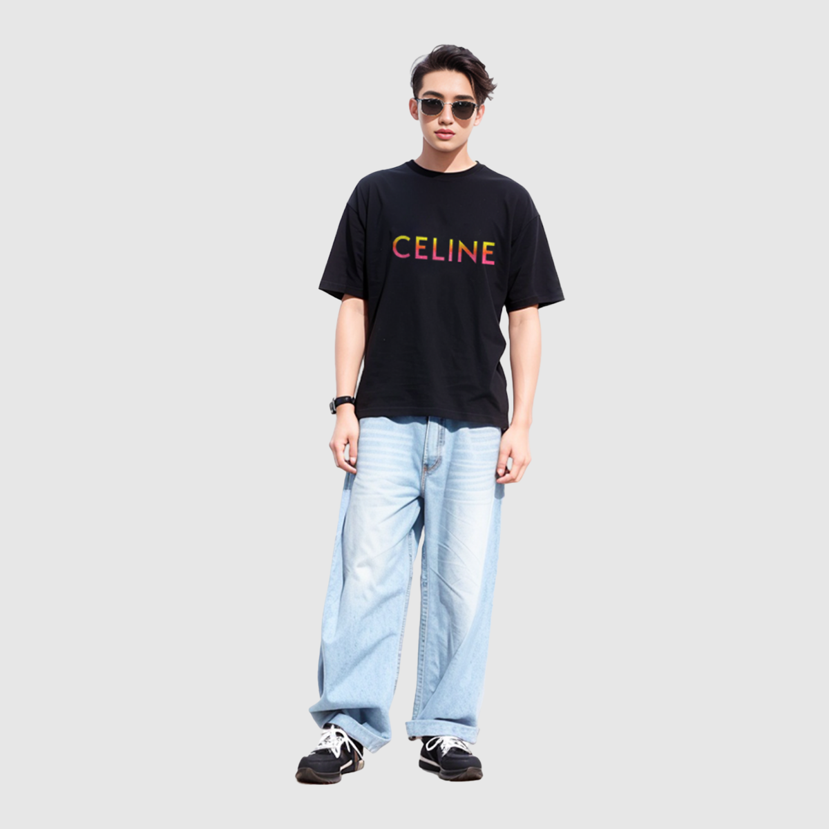 Purchase CELINE Kaos Hitam Pria Logo Gradient Model Santai. 2X10B671Q-38NO