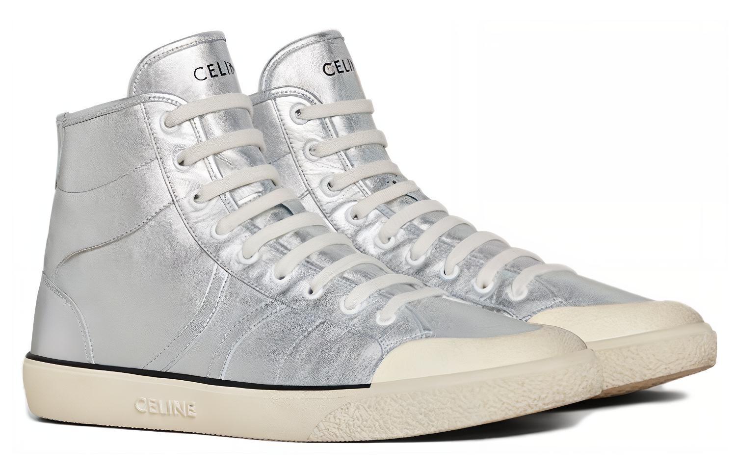 CELINE High-Top Leather Sneakers 'Silver' 圖 2